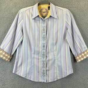 Robert Graham Flip Cuff Shirt Womens Small Blue Embroidered Floral Striped Top